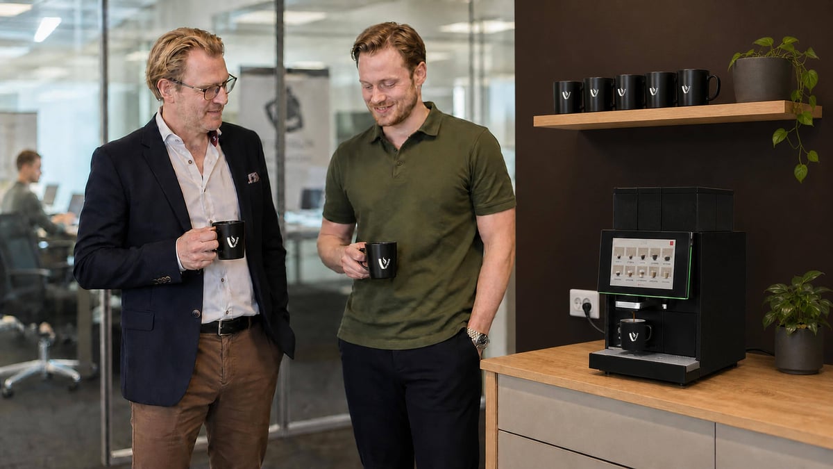 To kolleger med kaffe ved en NorBrew-maskin på kontoret