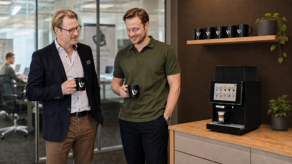 To kollegaer med kaffekopper ved kaffemaskinen på et kontorkjøkken