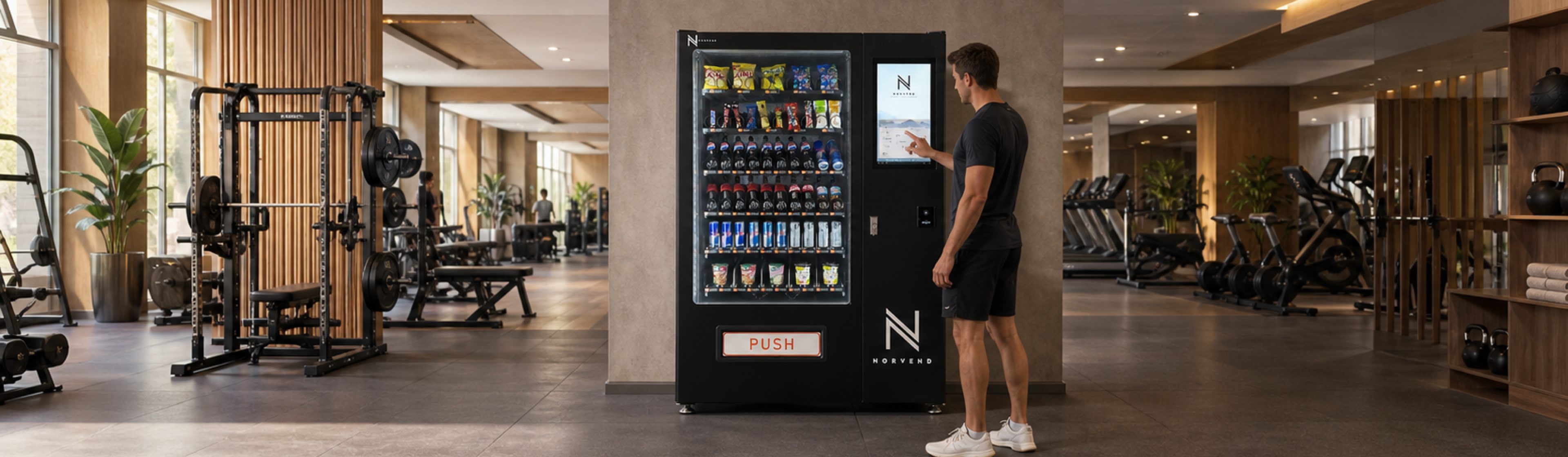 Kunde kjøper kald drikke fra en vareautomat i et treningssenter