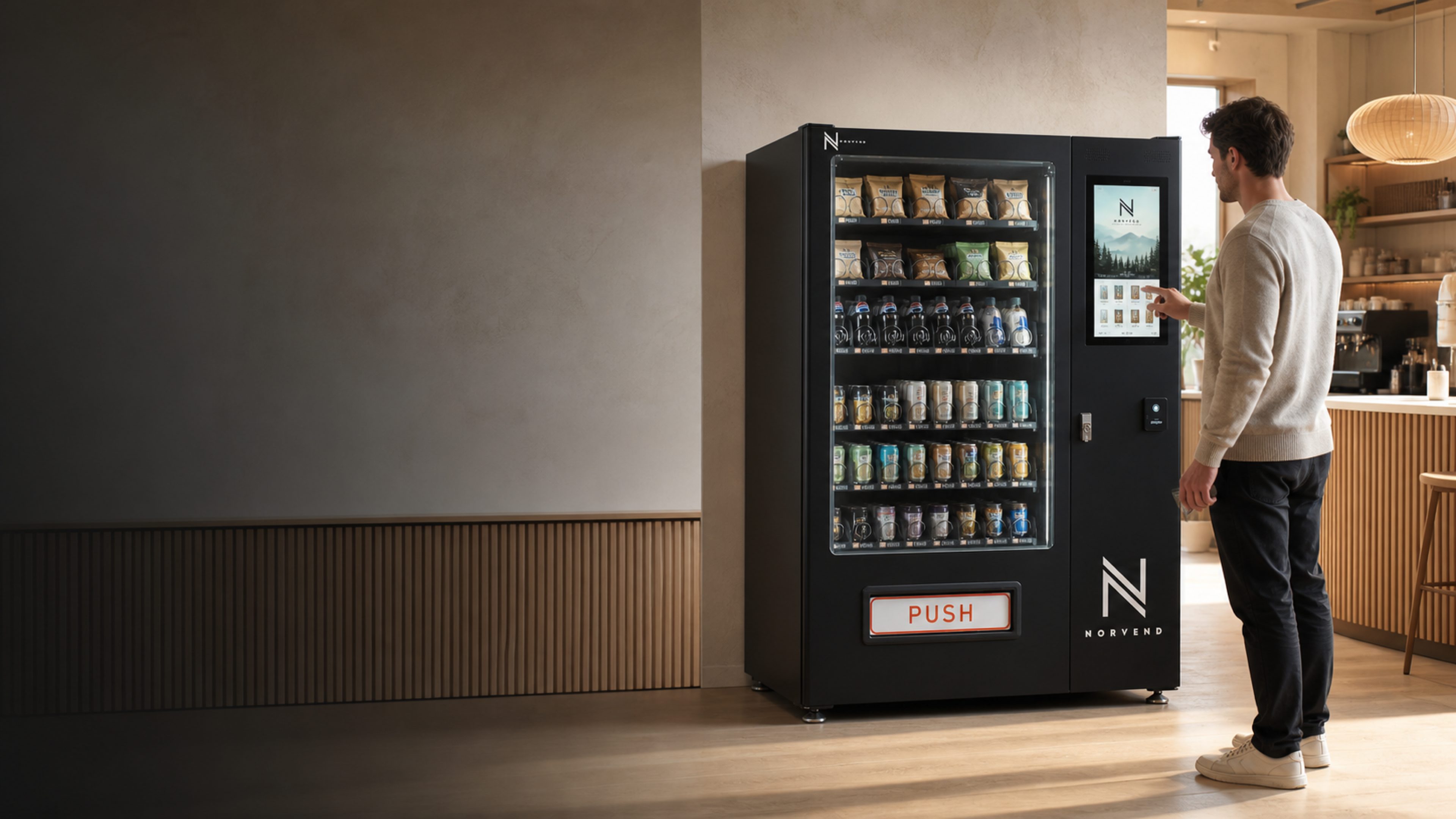 Kunde betaler på skjermen til en vareautomat i et lyst lokale